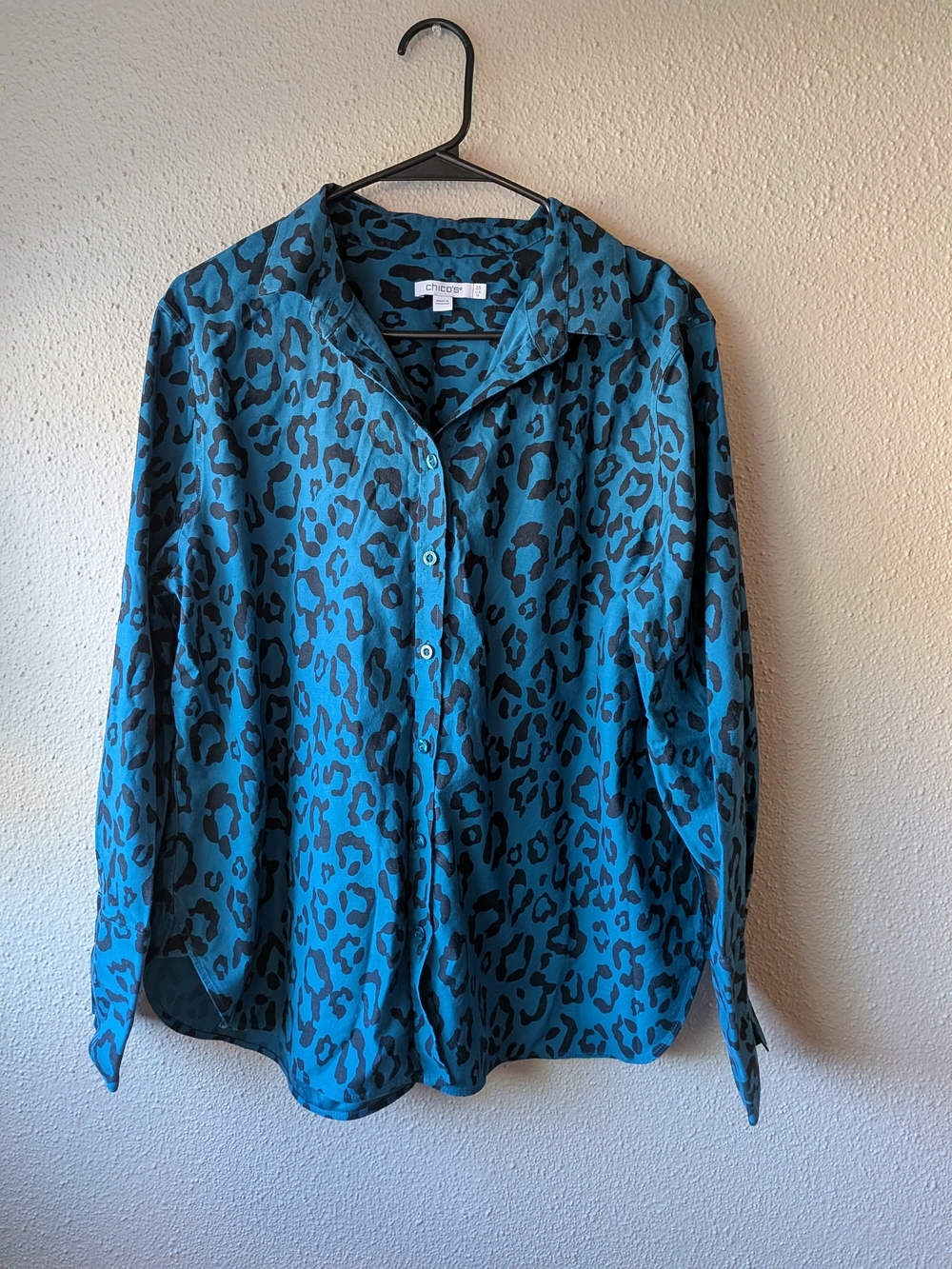 Chico's Teal and Black Leopard-Print Button-Down Shirt